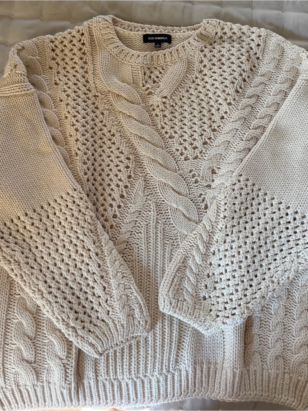 525 America Neutral Cream Cable & Open-Knit Crewneck Sweater